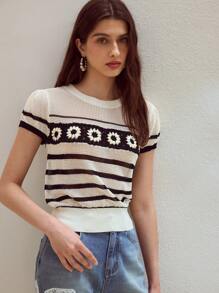 MOTF STUDIO FLORAL CROCHET STRIPED KNIT TOP - Apricot - View 6