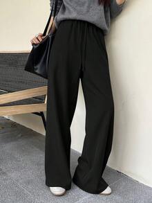 DAZY Quần ống rộng màu trơn rộng rãi thoải mái mùa xuân/hè co giãn có dây rút cho nữ cạp chun - màu đen - Xem 8