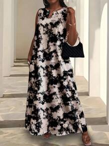 Maweii Plus Size Women's Fashion Ink Tie-Dye Pattern V-Neck Sleeveless Loose Dress, Summer - Multicolor - View 4