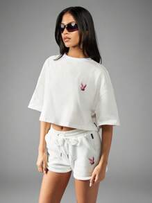 Missguided x Playboy 3D泡泡字母图案运动羊毛休闲抽绳短裤 - 白色 - 查看 2