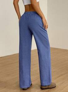 Flirla 格纹蓝粉色蝴蝶结刺绣数字口袋宽松直筒阔腿裤，超舒适简约休闲日常穿着，下午茶，女士简约设计，春夏 - 藍色 - 查看 2