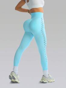 Easithlete Solid Color Seamless Hollow High Waist Sports Leggings - Blue - View 2