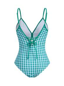 Swim Mod Traje de baño de una pieza con minifalda a cuadros azul retro para vacaciones de verano - Verde - Ver 3