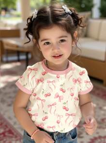 Baby Girl Casual Bow & Cherry Print Short Sleeve Crew Neck Tee, Suitable For Summer - Multicolor - View 3