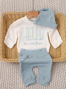 SHEIN 男婴“Hello”字母刺绣摄影服装套装，包括上衣、裤子和帽子，婴儿 1 个月 - 100 天影楼服装 - 彩色 - 查看 7