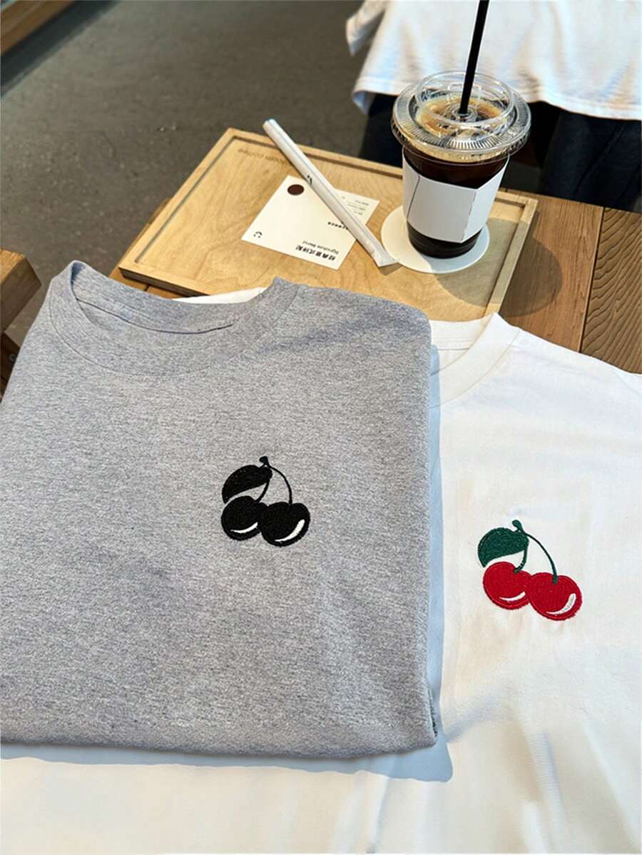 INAWLY Women Cherry Print Round Neck Short Sleeve Casual Loose T-Shirt - Multicolor - View 1