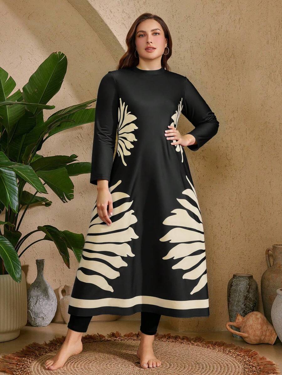 Swim Mulvari Set de tankini de 3 piezas con diseño floral de manga larga y talla grande para mujer - Negro - Ver 1