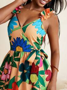 BELANGE HANDMADE Floral Print Ruffled Strap Wrap Mini Dress Women's Beachwear Outfits