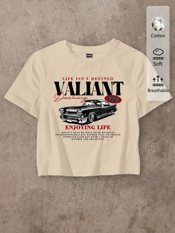 Tseoso Casual Vintage Valiant Car Graphic Round Neck Short Sleeve Cropped Fitted Women T-Shirt, Cotton Blend, Summer Retor