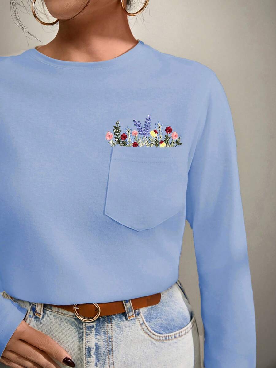 EURMUSE T-Shirt With Flower Embroidery, Round Collar, Pocket Details - Blue - View 1