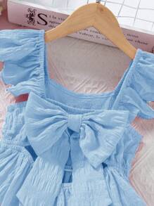 SHEIN Elladie kids Váy nơ xếp nếp viền nhiệt đới cho bé gái, váy dài mùa hè dệt - Màu xanh nhạt - Xem 4
