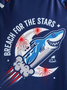 Shark Week X SHEIN Baby Boy Summer Vacation Beach Shark Print Long Sleeve One-Piece Swimsuit - Multicolor - View 5