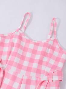 SHEIN Mono de cuadros rosas con estilo chic para niñas preadolescentes, adecuado para uso casual y playa