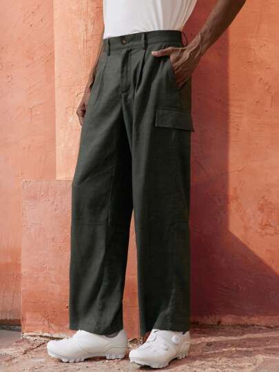 Maija 2025 夏季新款灰绿色松紧腰带侧袋设计男士休闲裤，优雅浪漫通勤办公室适合婚礼宾客、办公室职员、机场、海滩、音乐节、日常生活