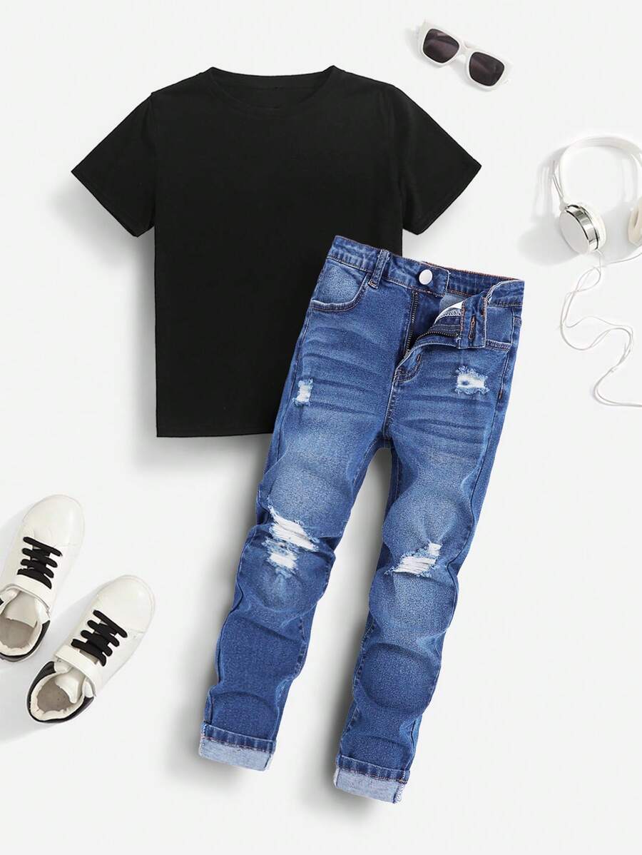 SHEIN Tween Boys' 2pcs/Set Black T-Shirt And Ripped Frayed Washed Skinny Blue Denim Jeans Set,For Spring And Summer Tween Boy Outfits