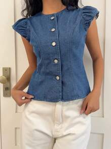 K-Vae Women's Denim Shirt, Casual Fitted Style With Round Neck, Blue