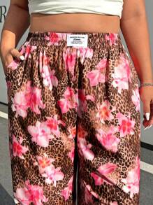 SHEIN EZwear Plus Size Women Leopard Print Woven Fabric Casual Everyday Work Versatile High Waist Wide Leg Loose Pants With Pockets,Summer Pants - Brown - View 3