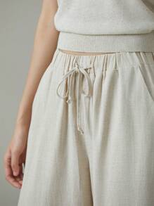 Easowa 女士休闲抽绳腰斜口袋裤女棉质裤子夏季亚麻裤女阔腿裤女阔腿裤 - 杏色 - 查看 12