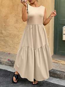 Breezaya Đầm hở lưng không tay màu trơn cỡ lớn hở lưng xếp nếp - Màu Khaki - Xem 2