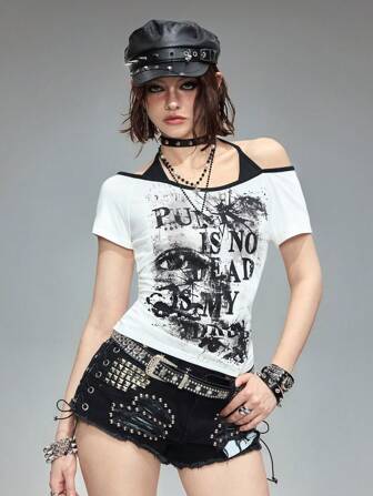 Grunge Punk Camiseta ajustada de manga corta con estampado de letra vintage Y2K y ojo para mujer