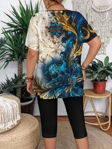 T-shirt à col rond à manches courtes avec imprimé floral blocs de couleurs et leggings 2 pièces en grande taille pour femmes, tenue décontractée - Multicolore - Voir 2
