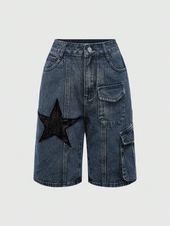 Grunge Punk Shorts de bermudas unisex de pierna ancha con lavado vintage, bolsillo 3D y parche de estrella, estilo callejero punk