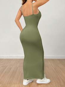 SHEIN PETITE 女式基本款白色细肩带连衣裙 - 綠色 - 查看 2