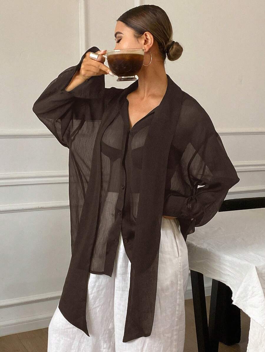 Livesso 女士宽松纯色喇叭雪纺垂坠领长袖轻薄休闲衬衫，适合夏季、秋季服装 - 咖啡棕 - 查看 1