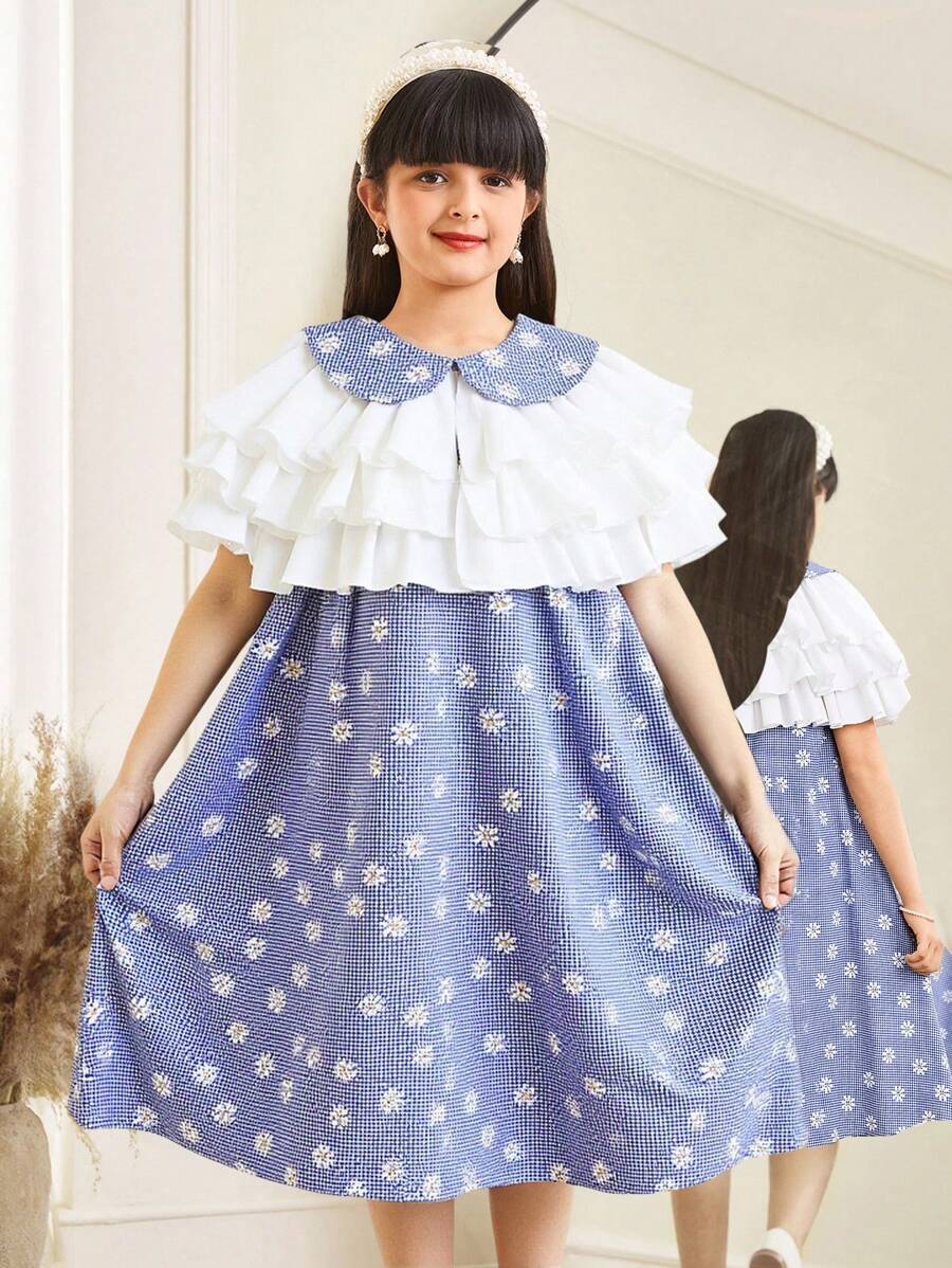 SHEIN 2 件套青少年女孩宽松休闲简约荷叶边网眼衬衫和彼得潘领连衣裙 - 藍色 - 查看 1