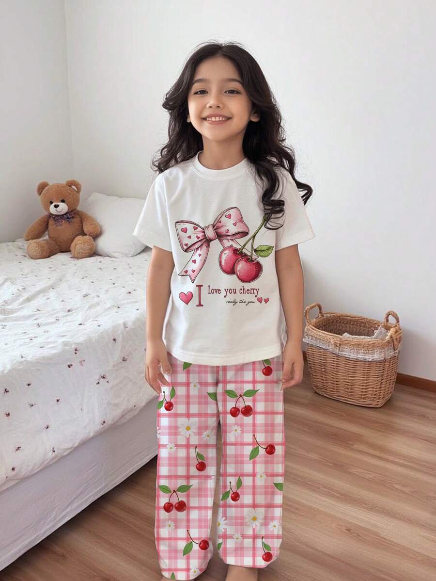 SHEIN Set Piyama Lengan Pendek Leher Bulat Pas Badan dengan Motif Pita dan Ceri Minimalis Kasual untuk Anak Perempuan, Cocok untuk Musim Panas - MultiWarna - View 1