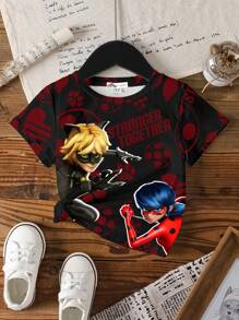 Miraculous Ladybug X SHEIN Camiseta de manga corta de cuello redondo con gráfico de dibujos animados informal para niña, verano - Blanco - Ver 7
