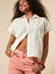 Bóhologie Blusa donna senza maniche con colletto, bottoni e ricamo, in tessuto lavorato a maglia di colore unito, adatta per primavera, estate, vacanze e stile boho
