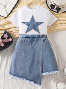 SHEIN Outfit casual da ragazza composto da t-shirt in denim con fiocco ricamato e pantaloncini in denim