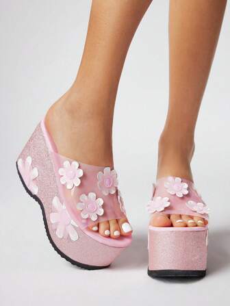 Kawaii Women's Pink Rock Punk Y2K Sweet Floral Dressy Party Lolita Crystal Shiny Open-Toe Sandals, Platform Chunky Heel