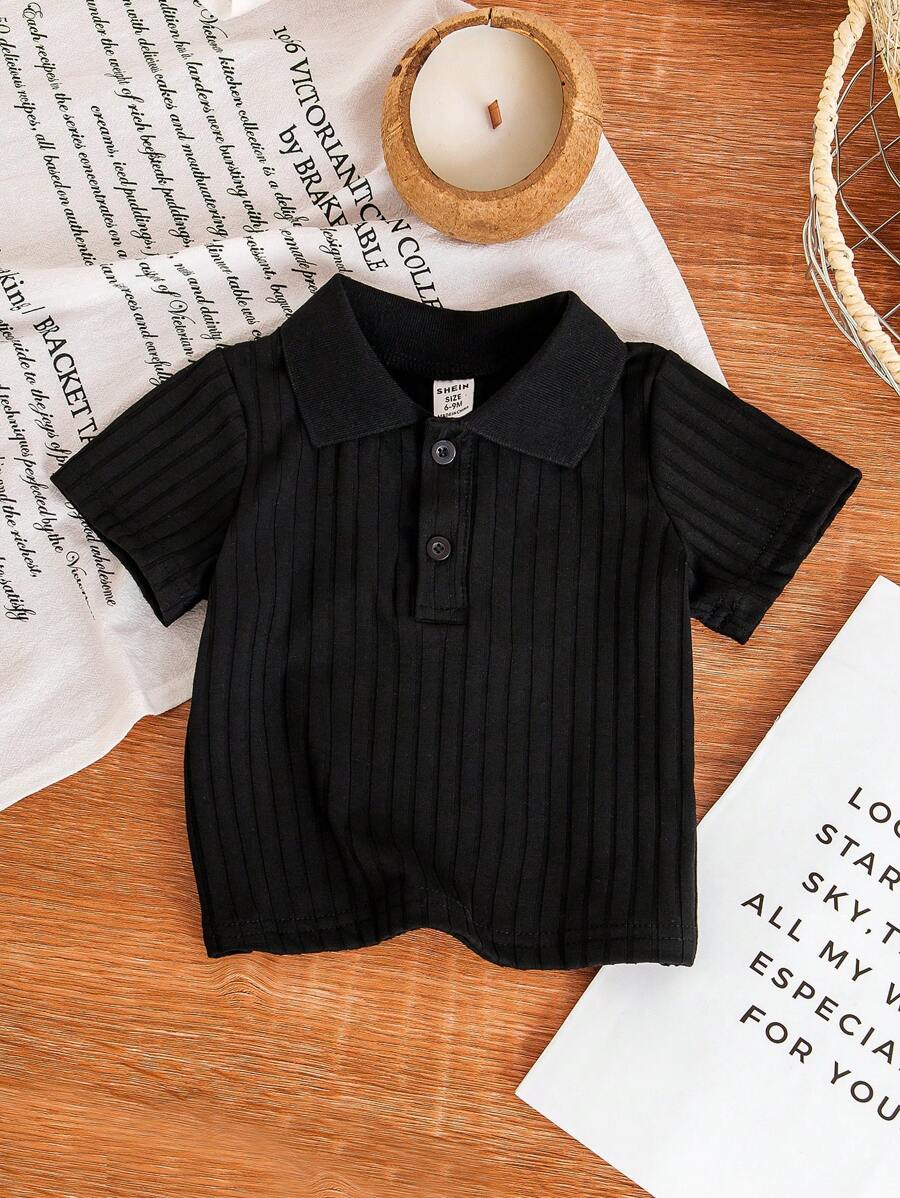 SHEIN Unisex Baby Ribbed Polo Neck T-Shirt, White, Suitable For Baby Boys/Girls To Wear In All Occasions In Summer, White All-Match Versatile Best Choice For Baby In Summer - Black - View 1
