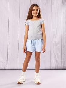 Sumwon Basic Girls Boat Neck T-Shirt Casual Summer Short Sleeve Cotton Blend Raglan Top Athletic Dance Practice Training Essential Daily Wear - Light Grey - View 6
