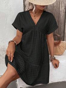 Breezaya Plus Size Women's Fashion Casual Checkered Bubble Pattern V-Neck Loose Hem Short Dress, Spring & Summer - Black - View 4