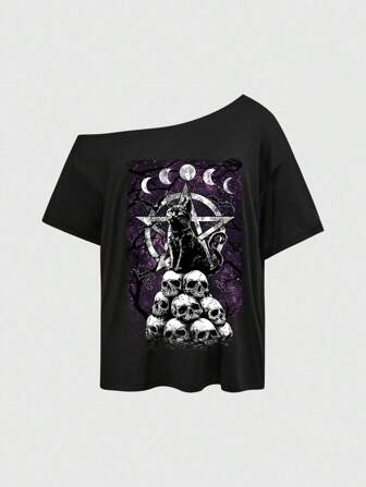 Damen Große Größen Gothic Hexe, dunkler Horror Skelett, Mond & Katze Muster Schulterfrei T-Shirt