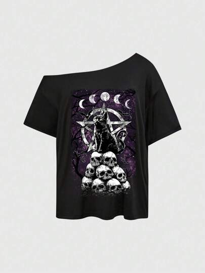 Plus Size Women Gothic Witch, Dark Horror Skeleton, Moon & Cat Print Oblique Shoulder T-Shirt