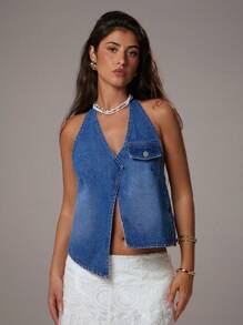SHEIN Forever 21 V 领露背修身背心，夏季新品 - 中等水洗藍 - 查看 1
