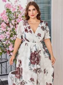 Modelyn Vestido largo de gasa con estampado floral, manga farol, cuello cruzado, lazo en la cintura y volantes, elegante para vacaciones, bodas, fiestas y verano, talla grande - Multicolor - Ver 6