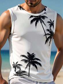 Manfinity RSRT Men's Casual Palm Tree Print Round Neck Tank Top - Black and White - View 1