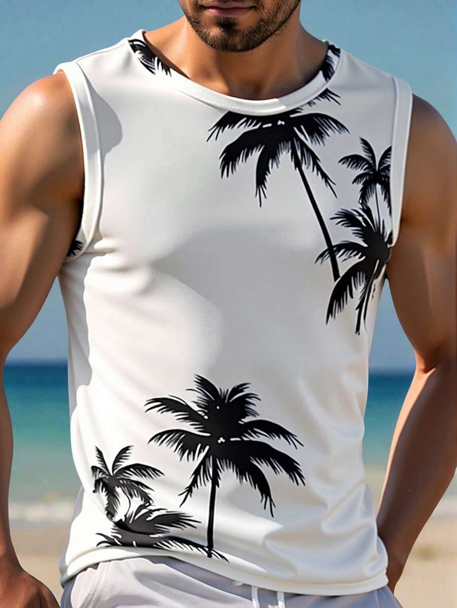 Manfinity RSRT Men's Casual Palm Tree Print Round Neck Tank Top - Black and White - View 1