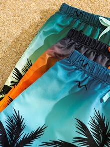 SHEIN Set de 3 pantalones cortos de playa informales para niños, pantalones cortos de playa versátiles y cómodos con estampado de árbol de coco, de secado rápido, conjunto de ropa de baño