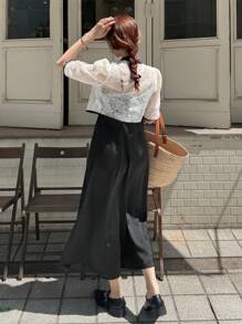 FRIFUL 女式节日蕾丝衬衫裙，撞色蝴蝶结腰部 A 字形，宽松优雅两件套夏季服装，毕业礼服 - 黑與白 - 查看 5
