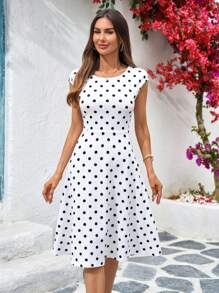 SHEIN Clasi Váy chữ A tay ngắn chấm bi đen trắng thanh lịch cho nữ, cổ tròn, đa năng và thoải mái cho mùa xuân/hè, trang phục mùa hè chấm bi sang trọng cho phụ nữ, váy đi nghỉ cho phụ nữ - Đen và trắng - Xem 6