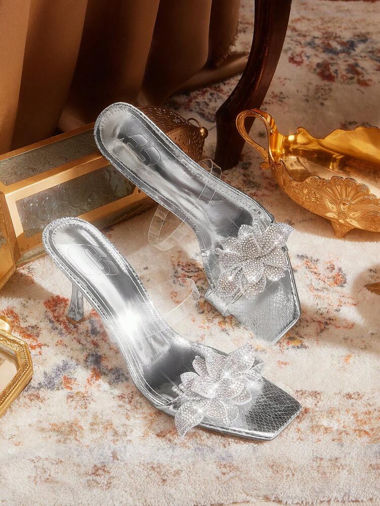 CUCCOO TILAWA Women's Square Toe Stiletto Silver Snake Skin Rhinestone 3D Flower Elegant Sexy Dress Party High Heel Sandals