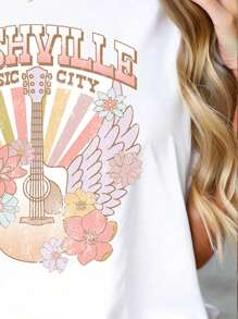 Plus Size Women Floral & Letter Print Short Sleeve Casual T-Shirt - White - View 5