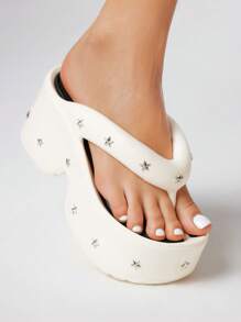 ROMWE Grunge Punk Women's White Punk Rock Studded Open Toe Gothic Roman Beach Flip Flops, Summer, Halloween - White - View 3