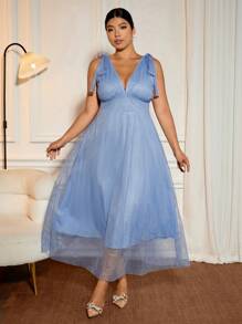 Allurite Plus Size Women's Elegant Dignified Polka Dot Silver Foil Mesh Bowknot V-Neck Ruched Waist A-Line Mesh Dress, Prom - Blue - View 1